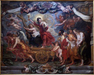 Triumf katolické víry. Alegorie triumfu eucharistie nad přírodou, vědou, filozofií a poezií. Žena na nádrži drží kalich zakončený hostií, symbolem eucharistie. Andělé drží symboly umučení: kříž, korunu o od Peter Paul Rubens