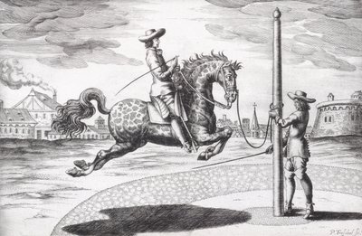 A Horse en Capriole z New Treatise for Breeding Horses napsaný Wintersem, Stutereyem a Reit-Schulem, vyryto umělcem, hospoda. 1672 rytina od Peter Paul Troschel