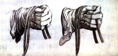 Studie dvou rukou v rukavicích držících otěže dvojité uzdy z „Nového pojednání o chovu koní“, které napsali Winters, Stuterey a Reit-Schul, pub. 1672 (rytina) od Peter Paul Troschel
