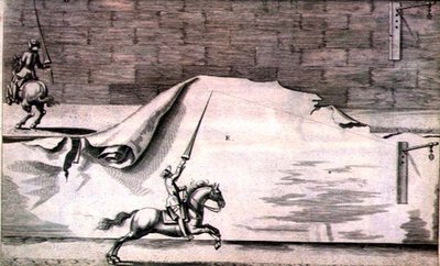 Trénink dvou jezdců s kopími z „Nového pojednání pro chovné koně“ od Winters, Stuterey a Reit-Schul, hospoda. 1672 (rytina) od Peter Paul Troschel