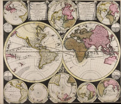 Diversa orbis Terrae visu incedente per coluros Tropicorum ambos ejus polos et particularis sphaerae zenith in planum orthographica projectio quibus additae pro variato horizonte omnium positiones eorumdemque mutua cum circulis caelestibus relatio  Plat O od Peter Schenk the Elder
