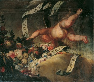 Putto s květinami, ovocem a praporem od Peter Strudel