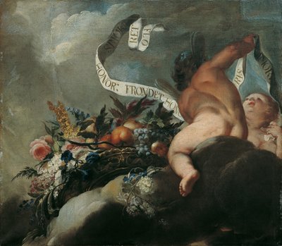 Dva putti s květinami, ovocem a praporem od Peter Strudel