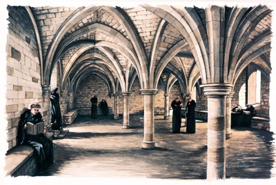 Mniši ve společenské místnosti Battle Abbey, East Sussex, 12. století c1990-c2010 od Peter Urmston