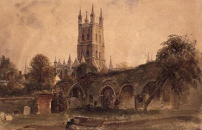Katedrála v Gloucesteru s ruinami kostela sv. Kateřiny, kolem roku 1840 (akvarel s vyškrábanými světly na papíře) od Peter de Wint