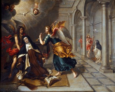 Svatá Terezie z Avily (o dítěti Ježíši) (1515-1582) se setkává s andělem, který probodne srdce jeho zlaté střely Obraz Petera Van Lindta (17. století) Dim. 85x70 cm Genes, Galleria di Palazzo Bianco od Peter van Lint