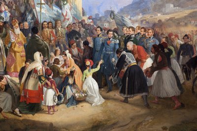 Vstup řeckého krále Othona I. (1815-1876) do Athén, přivítaný davem před chrámem Hephaistos (Hephaisteion) (Hephaistos) nebo Theseion na Agora (Řecko) od Peter von Hess
