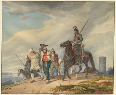 Tři ozbrojení jezdci doprovázející vězně poblíž Remeše od Peter von Hess