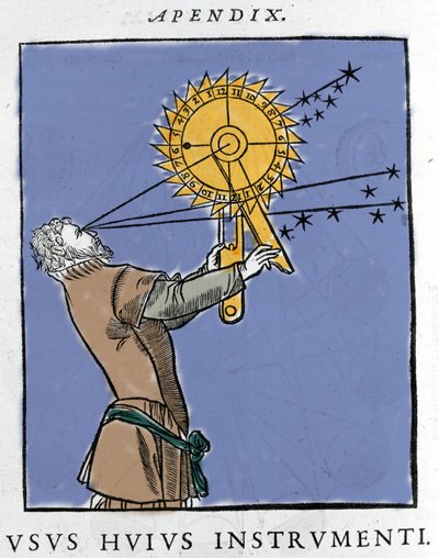 kresba Apianus (1539) Použití zařízení používaného k výpočtu času ve vztahu ke hvězdám v noci (noc).Cosmographia od Pietra Apiano, Paříž 1551. od Petrus Apianus