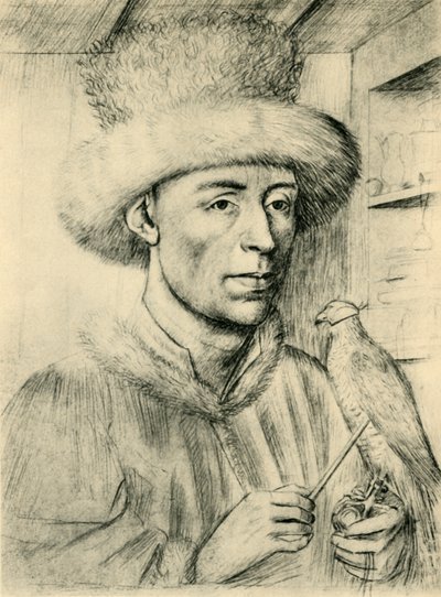 Portrét muže se sokolem, c1447, 1943. od Petrus Christus