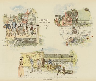 Tři muži v pramici, aby se neřeklo o obědě, příběh čtvrt hodiny (chromolitho) od Phil May