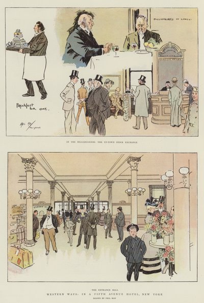 Western Ways, v hotelu Fifth Avenue, New York (chromolitho) od Phil May