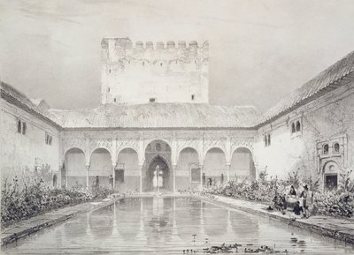 Bazén a fontána na nádvoří Alberca, Alhambra, deska 21 ze „Souvenirs de Grenade et de l