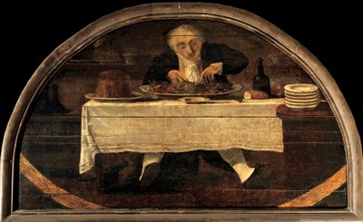 Gurmán učí Corcelleta nakupovat potraviny jednou v královském paláci. Muž schopný mág talíř měkkýšů a mořských plodů. Obraz Louise Philiberta Debucourta (1755-1832) od Philibert Louis Debucourt