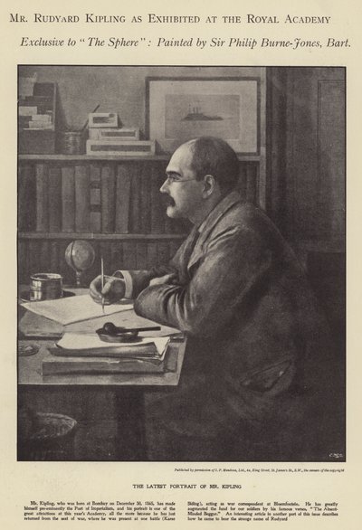 Portrét Rudyarda Kiplinga vystavený na Royal Academy (litho) od Philip (after) Burne Jones