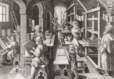 Evropská tiskárna kolem roku 1590 (rytina) od Philip (after) Galle