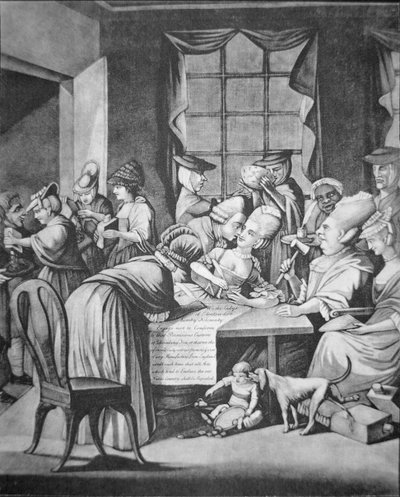 Vlastenecké dámy z Edentonu v Jižní Karolíně podepisují závazek „Už nebudou pít žádný čaj, ani nosit žádné britské oblečení“ (litho) od Philip Dawe