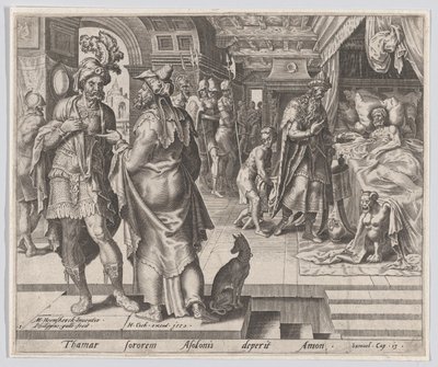 Jonadab Counselling Amnon, z Příběhu Tamar a Amnona, deska 1, 1559., od Philip Galle