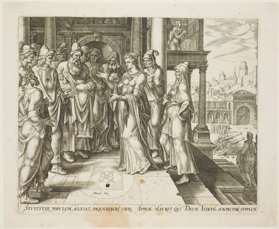 Judith Addressing the Elders of Bethulia, deska tři z Příběhu Judith a Holofernes od Philip Galle