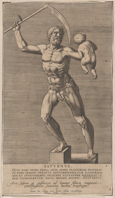 Deska 1: Saturn, socha nahého boha stojícího na soklu, v pravici třímající kosu..., 1586. od Philip Galle
