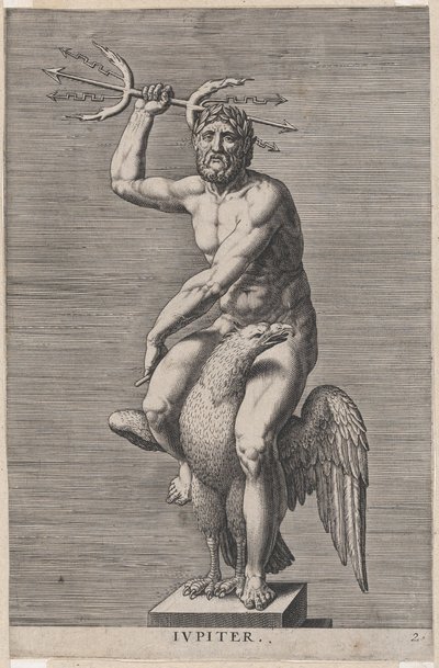Deska 2: Jupiter, socha nahého boha sedícího na orlovi, držícího dvojitý trojzubec, z..., 1586. od Philip Galle
