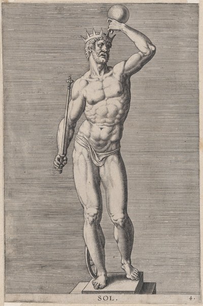 Deska 4: Apollo, socha nahého boha stojícího na soklu s korunou a držícího..., 1586. od Philip Galle