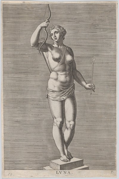 Deska 7: Diana, socha nahé bohyně stojící na soklu s půlměsícem v..., 1586. od Philip Galle