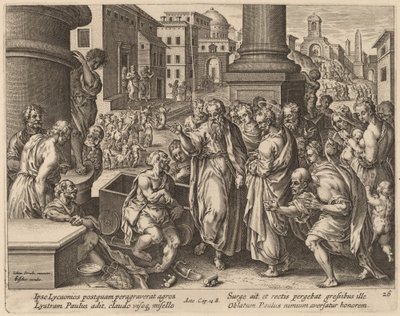 Svatý Pavel uzdravuje chromého muže v Lystře od Philip Galle after Jan van der Straet