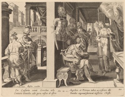 Anděl přikazuje Kornéliovi, aby přivedl svatého Petra od Philip Galle after Jan van der Straet