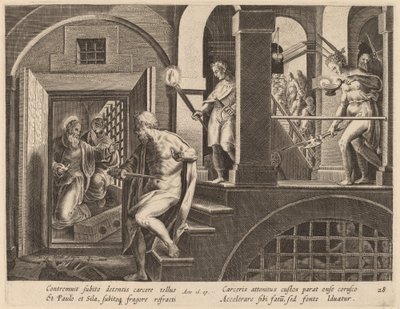 Žalářník se chystá zabít, přeměněný svatým Pavlem od Philip Galle after Jan van der Straet
