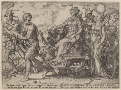 Nebezpečí, chudoba, zlodějina, královna peněz, pošetilost, závist (nebezpečí a neřesti doprovázející bohatství) od Philip Galle, after Maerten van Heemskerck