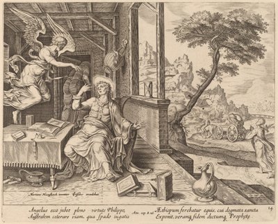 Anděl přikazuje svatému Filipovi, aby doprovázel etiopského eunucha od Philip Galle after Maerten van Heemskerck