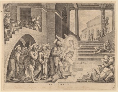 Apoštolové vysvobození z vězení andělem od Philip Galle after Maerten van Heemskerck