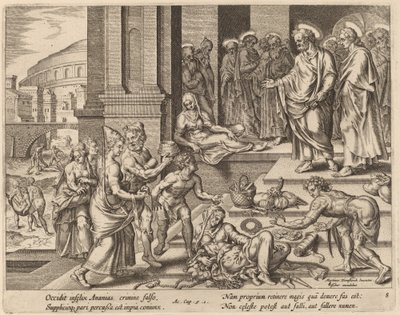 Smrt Ananiáše a Safiry od Philip Galle after Maerten van Heemskerck