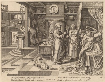 Uzdravení Eneáše od svatého Petra od Philip Galle after Maerten van Heemskerck