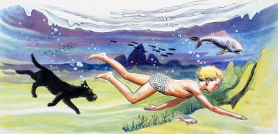 Plavání s rybami, ilustrace z knihy "The Water Babies" od Charlese Kingsleyho od Philip Mendoza