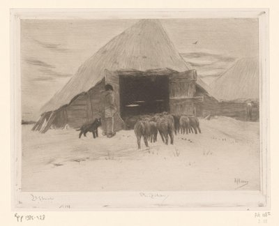 Herder leidt een kudde schapen een schuur in Grange dans la neige (original title)   1382001   cs       czech Successfully Translated  Original: Studie af Thorvaldsen efter Eckersbergs maleri (1814) Translat: Studie af Thorvaldsen efter Eckersbergs maleri  od Philip Zilcken (signed by artist)