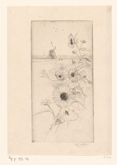 Slunečnice pro luční krajinu s koňmi a mlýnem Eutude de tournesols (původní název) od Philip Zilcken (signed by artist)
