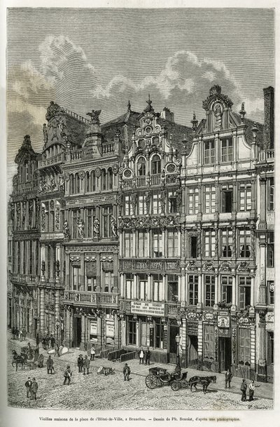 Staré domy na náměstí radnice v Bruselu. Rytina Ph. Benoista k ilustraci příběhu Belgie od Camille Lemonnier, publikovaná v tour du monde, pod vedením Edouarda Chartona (1807-1890), Paříž od Philippe Benoist