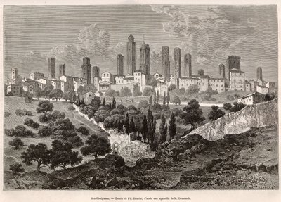 Pohled na San Gimignano (Toskánsko, Itálie). Rytina podle kresby Ph. Benoista pro ilustraci plavby do Toskánska a Umbrie od Francise Weye v roce 1875, publikovaná v „“Le tour du monde““ 1876, editoval Edouard Charton, vydání Hachette, Paříž. Selva od Philippe Benoist