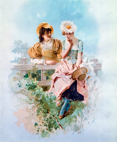 Sebedůvěra Dvě mladé dívky si šeptají tajemství. Litografie od Philippa Jacquese Lindera (1835-?) Soukromá sbírka z 19. století od Philippe Jacques Linder