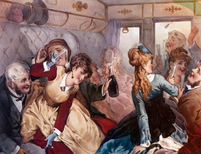 The Pleasure Train Skupina buržoazních popíjejících a bavících se ve vagónu. Litografie Philippe Jacques Linder od Philippe Jacques Linder