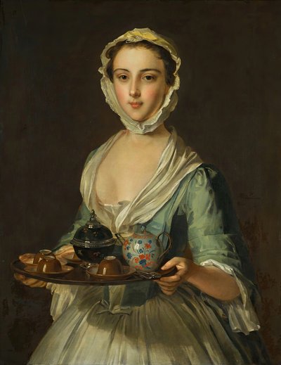 Mladá žena držící podnos s čajem, možná Hannah, umělcova služka. od Philippe Mercier