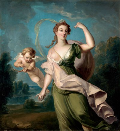 Bohyně lásky (Afrodita nebo Venuše). Amor ji doprovází s lukem a šípem. Obraz od Philippa Merciera (1689-1760). Olej na plátně. Rozměry: 162,5x149,9 cm Soukromá sbírka od Philippe Mercier