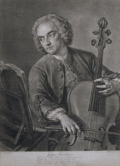 Portrét Johna Hebdena (fl.1740-60), violoncellisty v Händelově orchestru, vyryl John Faber (1684-1756), 1741 od Philippe Mercier