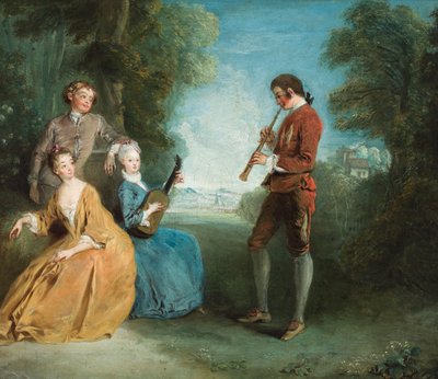 Dva páry milenců, z nichž jeden muzicíruje, v parkové scenérii (olej na plátně) od Philippe Mercier