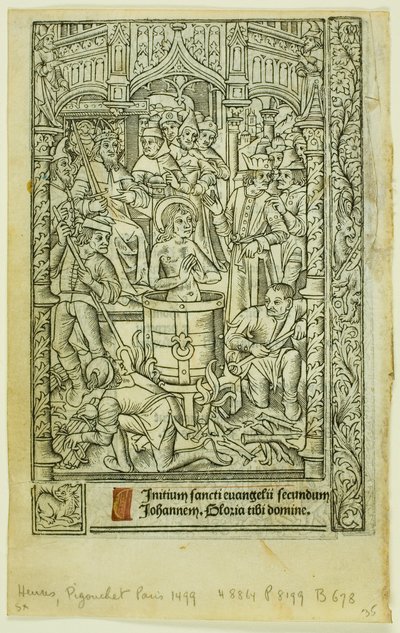 Umučení svatého Jana Evangelisty (recto) a prosincový kalendář (verso), z Knihy hodin od Philippe Pigouchet