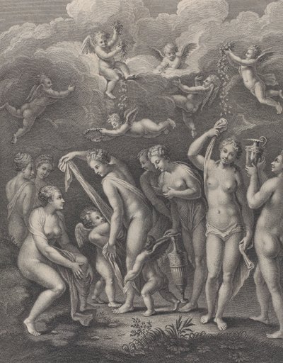 Héra, Afrodita a Athéna se připravují na soutěž krásy před P..., ca. 1729-40. od Philippe Simonneau
