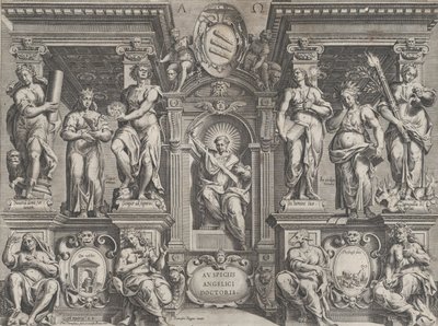 Alegorický tisk tezí s různými postavami, zasazený do architektonické struktury, 1608. od Philippe Thomassin