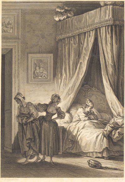 Sázka tří drbů: Služebník od Philippe Triere and Antoine Jean Duclos after Jean Honoré Fragonard